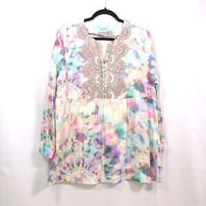 Soft‎ Surroundings Tunic PXL Multicolor Womens Beaded Tie Dye Blouse